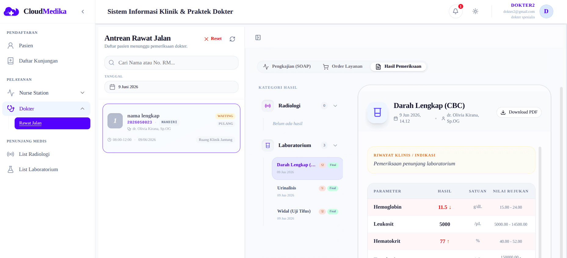 Tampilan CloudMedika untuk dokter praktik mandiri — RME, e-resep, dan SatuSehat otomatis