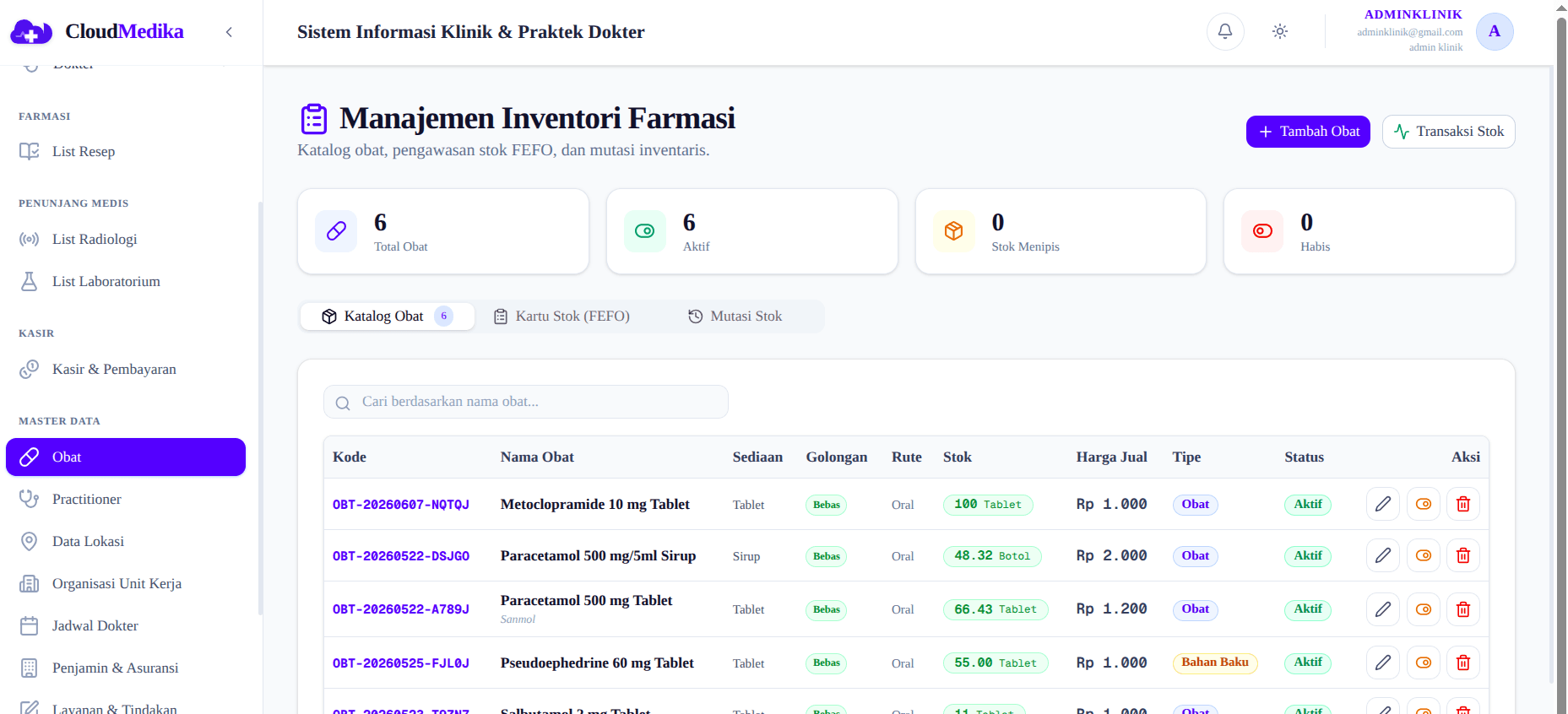Tampilan fitur Farmasi & Manajemen Stok di CloudMedika