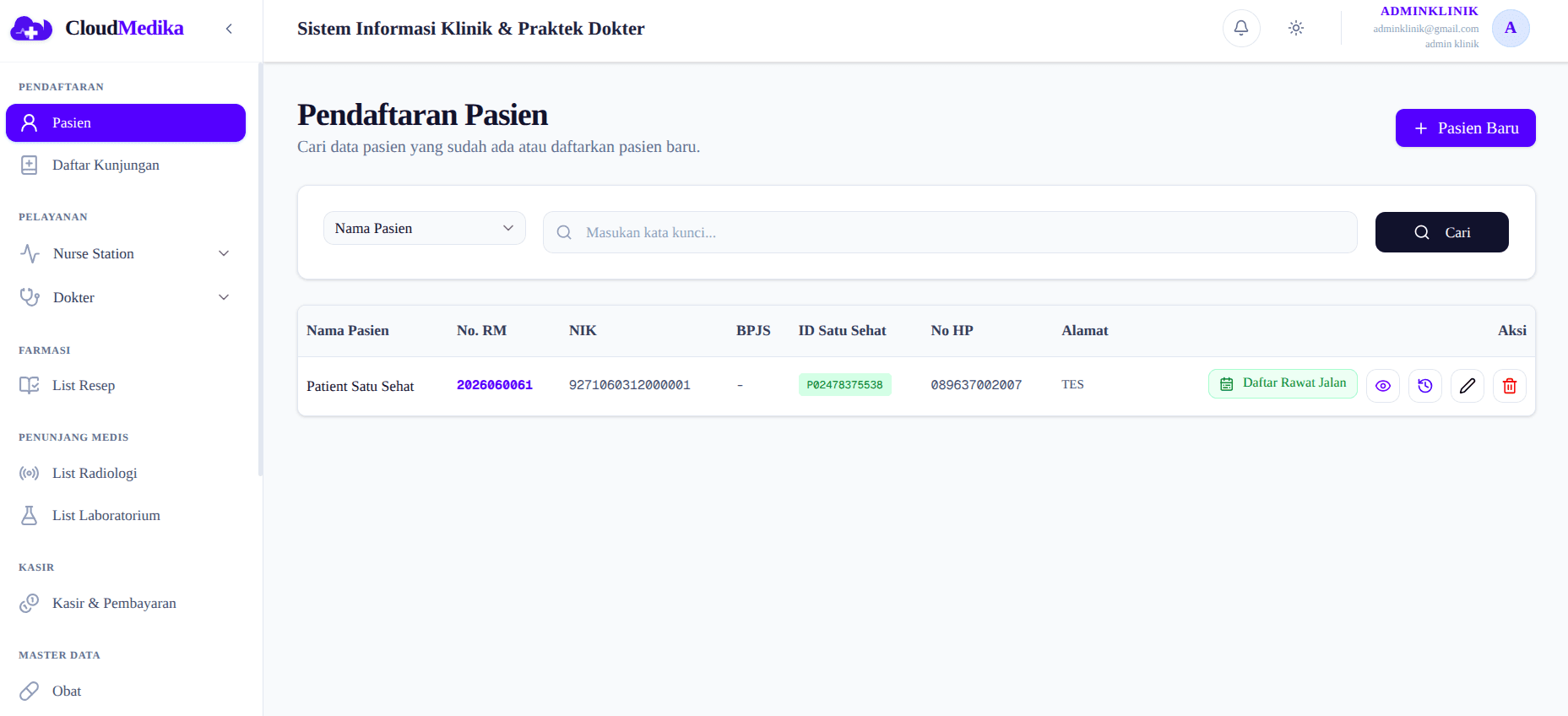 Tampilan dashboard CloudMedika — sistem informasi kesehatan untuk klinik pratama dan dokter praktik