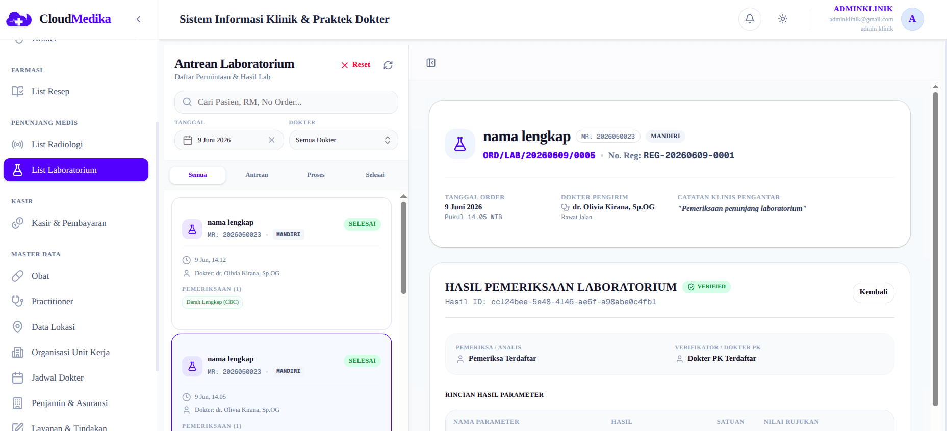 Tampilan fitur Laboratorium & Radiologi di CloudMedika